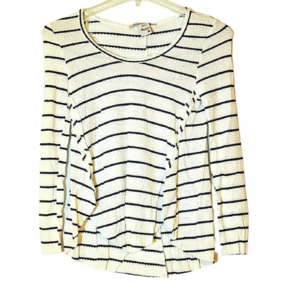 American Rag Juniors Women Striped High-Low Top White Blue Long Sleeve Crew Neck